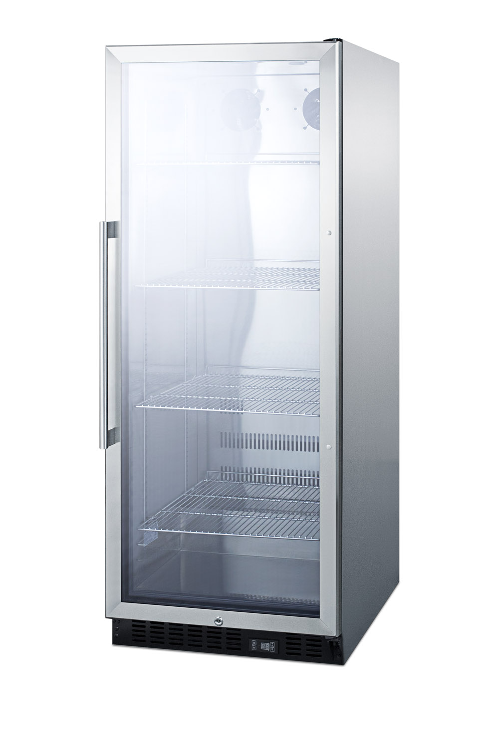 Commercial beverage merchandiser with 11 cu.ft. capacity, SS interior, self-closing door, digital thermostat, and SS wrapped cabinet